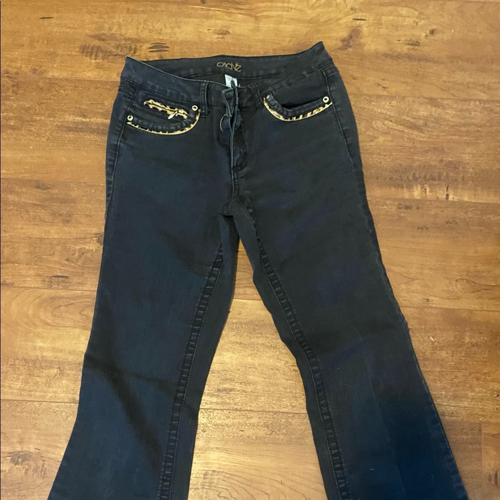 black flare low rise jeans with cute leopard detailing